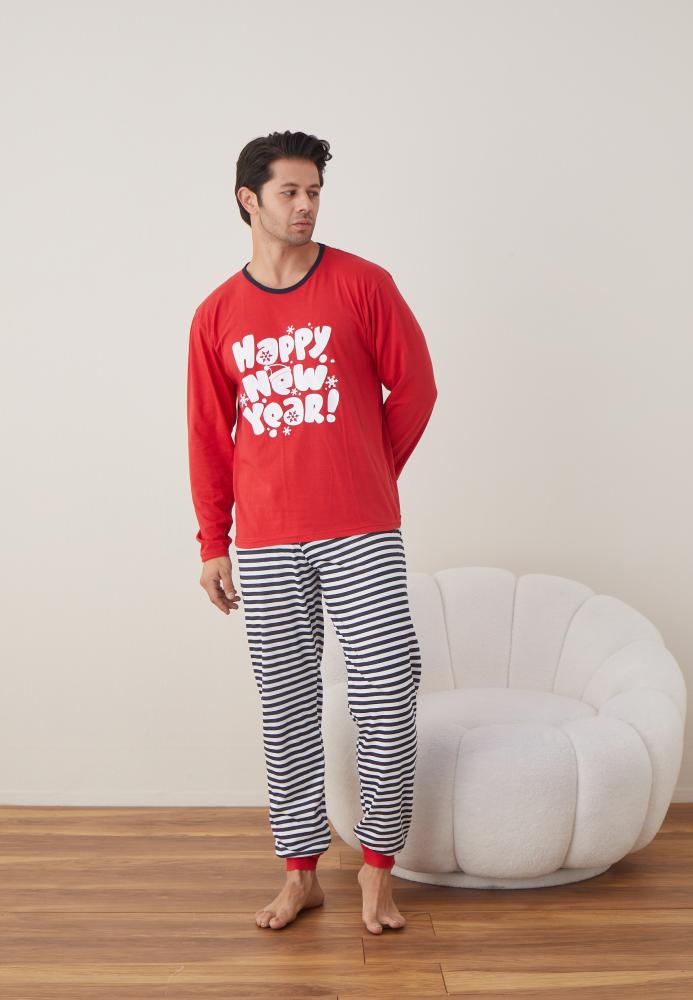 Pijama barbati Craciun "HAPPY NEW YEAR" , maneca lunga ,pantaloni lungi,Culoare Rosu ,Engros